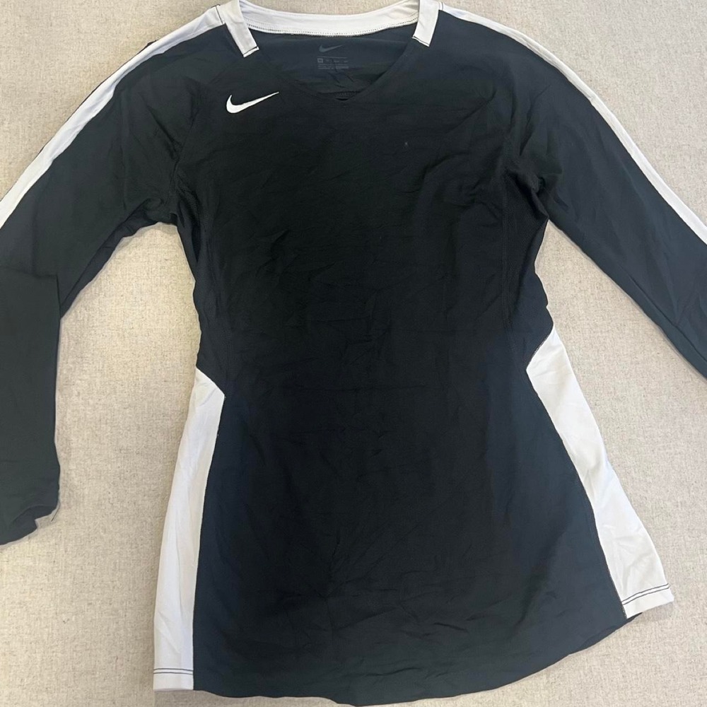Nike Womens Long Sleeve Athletic Shirt Black White Side Panels XS V-Neck Top